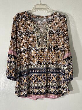 Absolutely Famous Gold Navy Geometric Top Size XL Lace Embroidery Boho Flowy